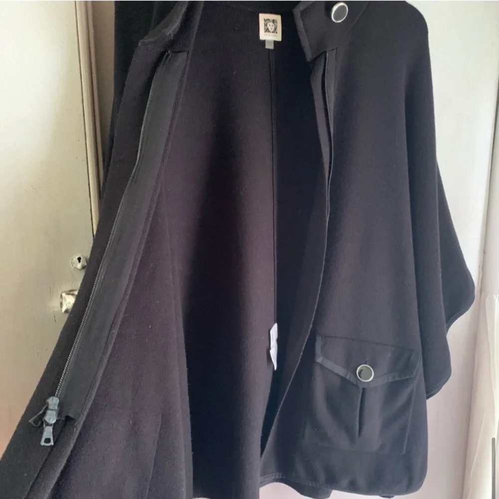 Anne Klein High Neck Pocketed Cape Black Sweater Shrug Poncho Mock Neck - Picture 6 of 14